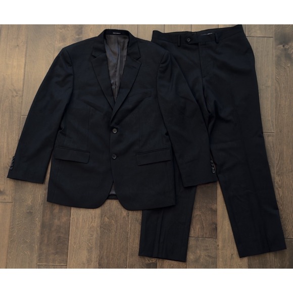 Pronto Uomo Platinum 42R 2PC Suit Blazer Jacket Mens Pants 34X31 100% Wool Black - Picture 1 of 16